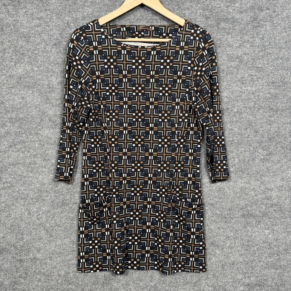 J.Mclaughlin Sz Medium Dress Mini Sheath Brown Geometric‎ Nylon Blend 3/4 Sleeve